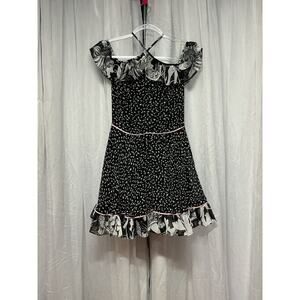 VTG Y2K Bebe Polka Dot Floral Mini Dress 4 Teardrop Neck Retro Chic Rockabilly